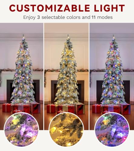 DWVO 9FT Prelit Flocked Pencil Spruce Christmas Tree with LED Lights - Slim & Full Decor