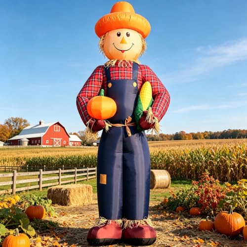 DomKom 12FT Fall Inflatable Scarecrow with LED Lights, Harvest Thanksgiving Yard Decor