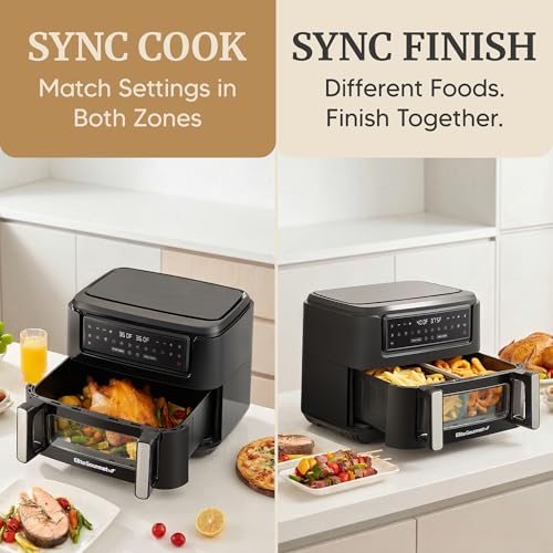 11 Qt Dual Zone Air Fryer Oven - Black, Family Size, 1600W