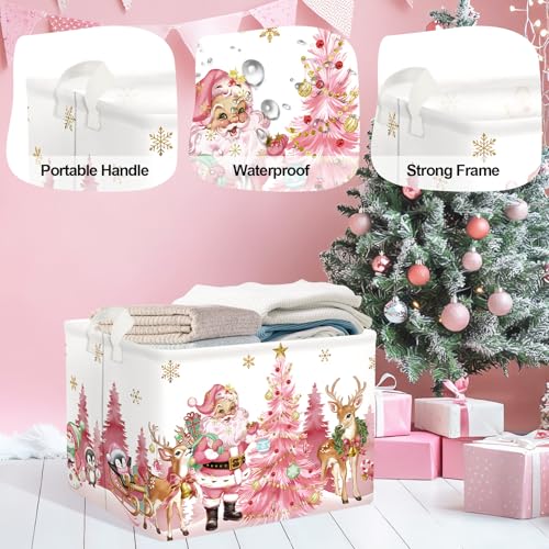 Pink Santa Claus Baby Laundry Hamper Christmas Clothes Kids Storage Basket Large Poinsettia Reindeer Sleigh Snowflake Girls Gift Toy Box Bin, Tree, 36L