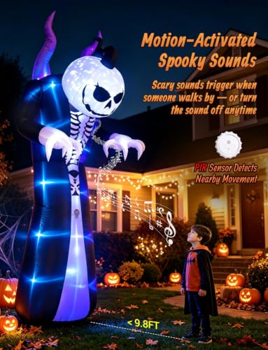Elegear 10FT Skeleton Grim Reaper Inflatable with Motion-Activated Scream, RGB Lights