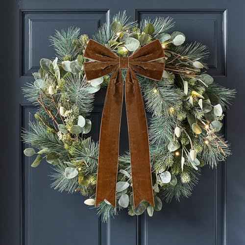 4Pcs Velvet Ribbon Bows 7.9 x 12.6 Inch Large Christmas Tree Bow with Long Tail for Gift Wrapping, Wreath, Garland, Fireplace,Staircase, Door, Window, Wedding Home Decoration (4, Brown)