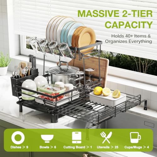 Large Black 2-Tier Expandable Dish Drying Rack for Kitchen Counter - Space Saving