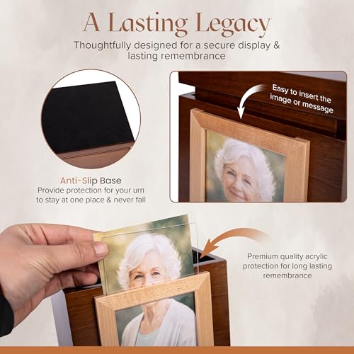 Wooden Ashes Keepsake Urn with Photo Frame - Large Walnut Adult Memorial - 6.5x6.5x11 Inches