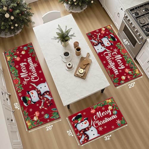 Ileading 3-Piece Christmas Kitchen Rug Set with Non-Slip Backing, 20x32, 20x48, 20x59 - Red Snowman