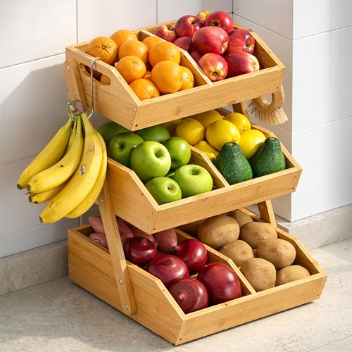 Natural Bamboo 3-Tier Fruit Basket with 2 Banana Holders - Kitchen Organizer