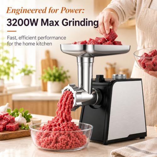Electric Meat Grinder 3200W with Sausage Tubes & Kubbe Kit - Black