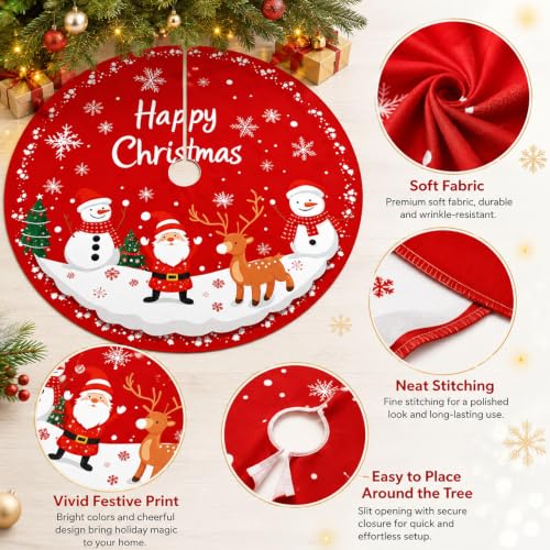 Christmassy 47in Red Christmas Tree Skirt with Santa, Snowmen & Reindeer Print