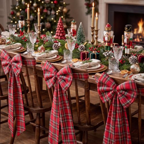6pcs Christmas Chair Bows Decorations, 12x30in, Red, Tartan