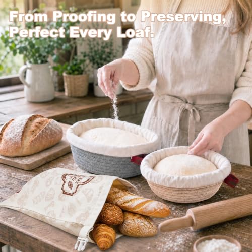 Sourdough Bread Proofing Basket Set with Beeswax Bag - Artisan Baking Kit