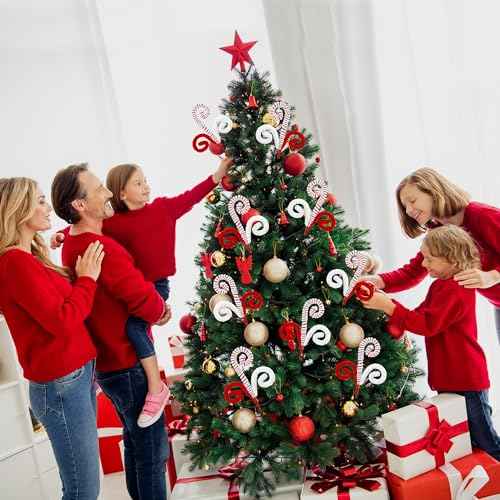 Sggvecsy 6 Pcs Christmas Tree Decoration Woolen Bells Candy Cane Shape Picks Lollipop Curly Pick Ornaments Xmas Tree Topper for Vase Filler Home Office Decor (Red)