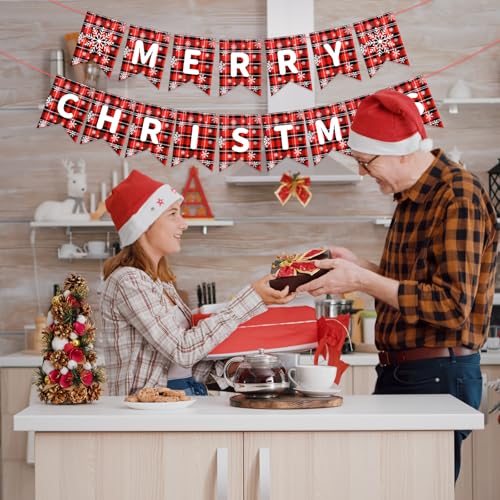 Merry Christmas Banner Decorations, Pre-Strung Red Black Buffalo