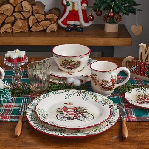 Bico Santa On The Way Scalloped Christmas Salad Plates Set of 4, 8.75 Inch