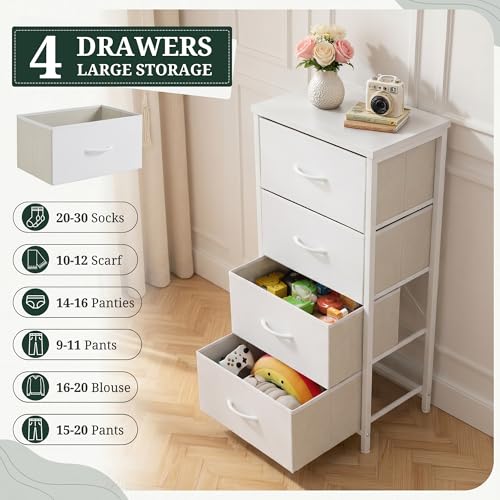 White Fabric Drawer Dresser with Wooden Top - 4 Drawers, 11.8"D x 17.7"W x 37.4"H