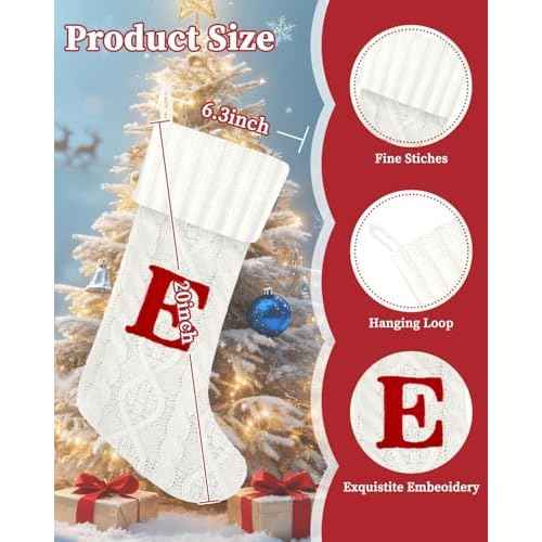 Christmas Stockings with Initials,20 Inches Large Cable Embroidered Monogram Knitted Christmas Stockings with Letter,Personalized Xmas Stockings for Fireplace Family Holiday Decor (Red J)