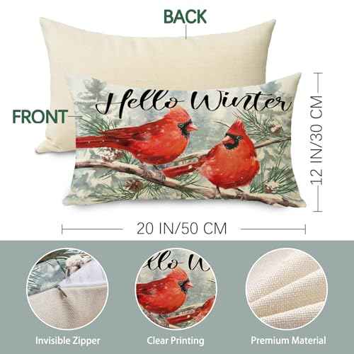 Hello Winter Cardinal Lumbar Decorative Throw Pillow Cover 12 x 20, Rectangular Red Birds Branch Outdoor Home Decor, Christmas Snowy Pine Tree Seasonal Sofa Couch Cushion Case