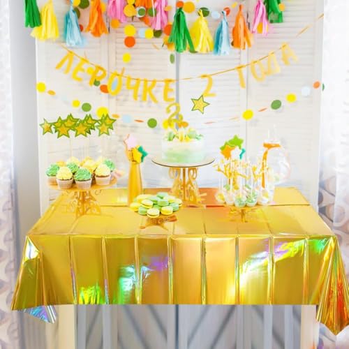 3 Pack Gold Disposable Tablecloths 54 x 108 in Shiny PET Plastic Party Covers