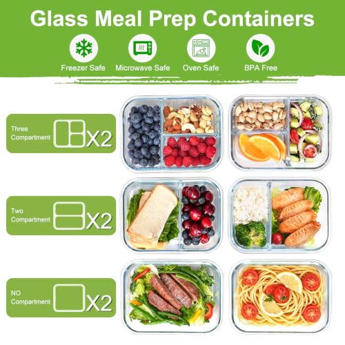 36oz Glass Meal Prep Containers with Dividers - 6 Pack, Leak-Proof, Microwave Safe