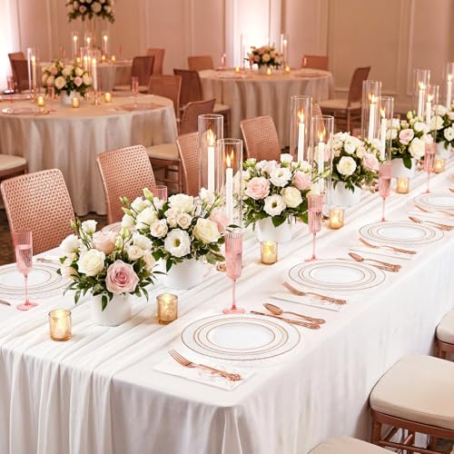 102PCS Rose Gold Plastic Plates Elegant Hammered for Weddings