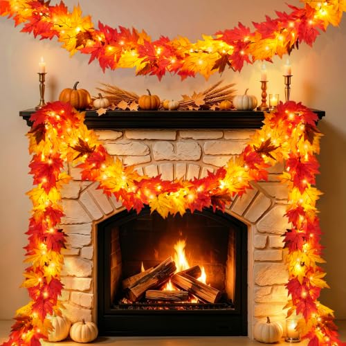 9FT Fall Garland with Lights & Large Maple Leaves - Autumn Decor, Connectable, UL Certified, Indoor & Outdoor Halloween Thanksgiving - Variation of 2