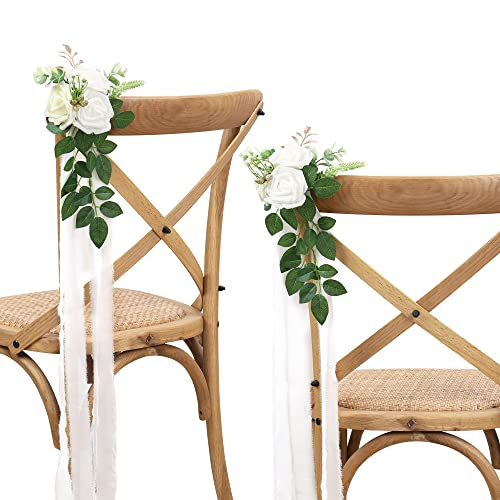 White Wedding Aisle Decorations Set of 10 - Artificial Chair Flowers & Ribbons