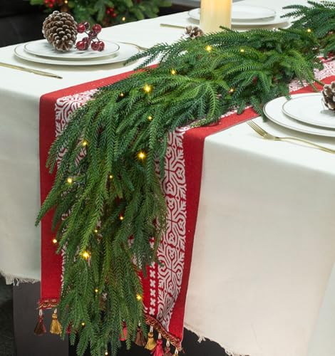 JOJOLEE 6ft Pre-Lit Norfolk Pine Garland with Timer - Real Touch Green Norfolk Garland, 1 Pack
