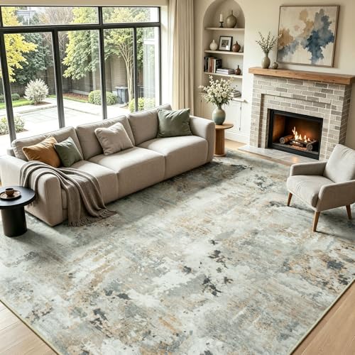 Brown/Grey 8x10 Area Rug for Living Room - Washable Abstract Non-Slip Carpet