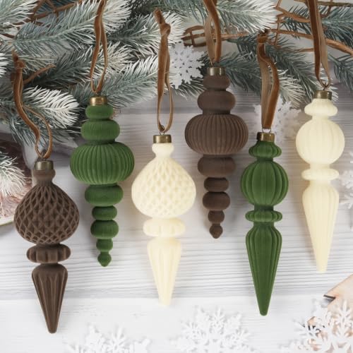 OuMuaMua Neutral Velvet Christmas Tree Ornaments Mix Color / 6 - Flocked Finial 6-Piece