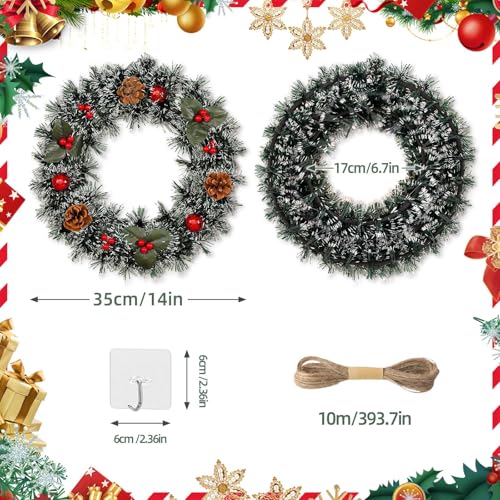2 Pack Christmas Wreaths 13.8in Front Door with Rope & Hooks, Red Berries & Pinecones