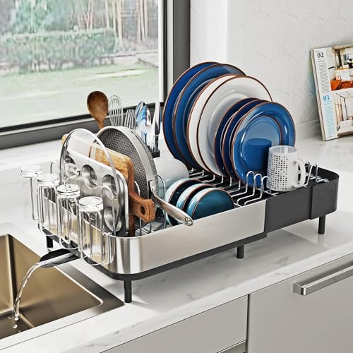 Expandable Dish Drying Rack with Stainless Steel Brackets - Space Saving Kitchen Organizer