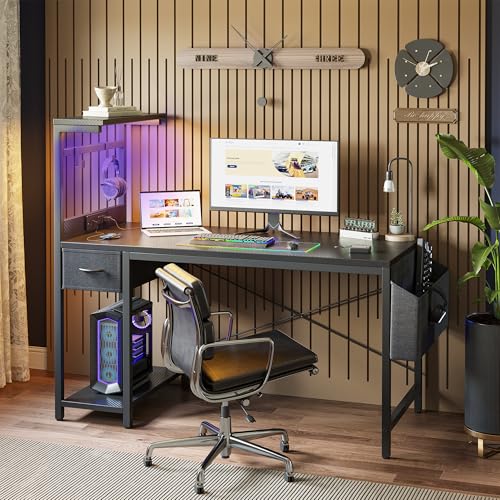 40 Inch Gaming Desk with Power Outlet & LED Light - Reversible Shelves, Carbon Fiber Surface, Black