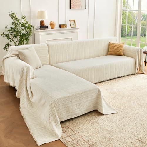 Herringbone Pattern L-Shaped Couch Cover for Sectional Sofa, Cream Khaki, 71x118+91x134 inches, Houmiggle