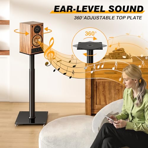 Universal Speaker Stands Pair with Anti-slip Pads, Height Adjustable 32-43 Inch, 360° Swivel, Cable Management