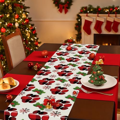 GPGHE 13'' x 72'' Christmas Dog Table Runner Plaid Holiday Kitchen Decor