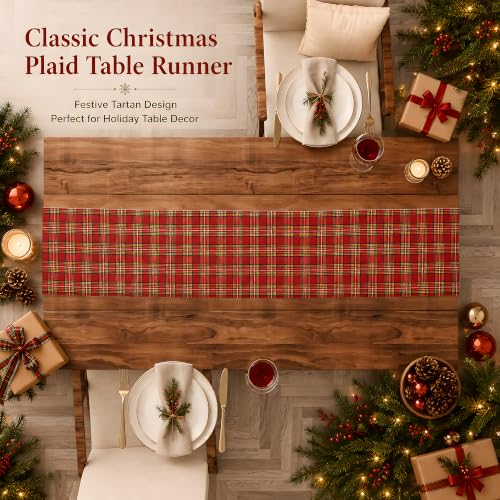 OHOME Christmas Plaid Red Table Runner - 13.8 x 73 in, 100% Polyester, Holiday Decor