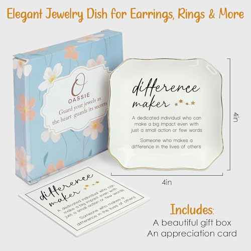 OASSIE Christmas Birthday Gifts for Women - Difference Maker 4"x4" Ceramic Jewelry Dish Tray - Appreciation Thank You Gifts for Women Teacher Coworkers Employee Boss, Retirement Gift for Woman