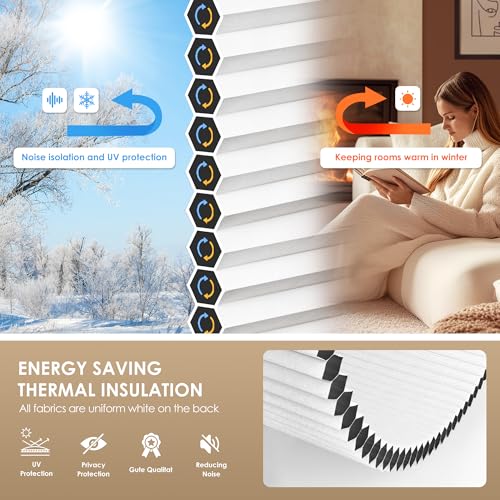 LazBlinds No Drill Cordless Cellular Blackout Shades 35 x 36 White - Inside Mount