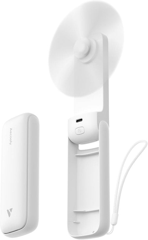 Aecooly Slim Portable Fan - USB Rechargeable Mini Handheld Fan | 24H Max Cooling Time, White