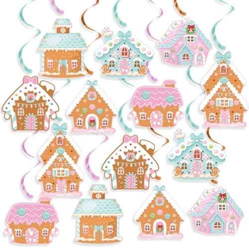 K KUMEED 20 Pcs Gingerbread House Theme Party Hanging Swirls Ceiling Hanging Streamers,Cute Gingerbread House Party Decorations Banner for Christmas Birthday Baby Shower