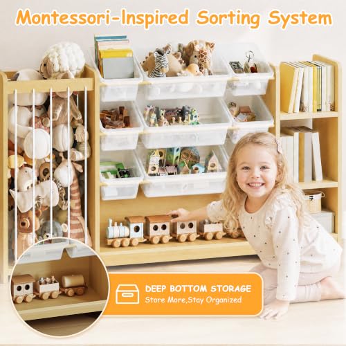 Anmon 3-in-1 Montessori Toy Organizer with Bookshelf & 9 Clear Bins - 59W