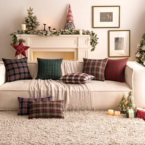 Woaboy Christmas Set of 2 Scottish Tartan Throw Pillow Covers Farmhouse Classic Plaid Decorative Couch Pillows Home Decor for Sofa Living Room Bed 18x18 Inch, Red