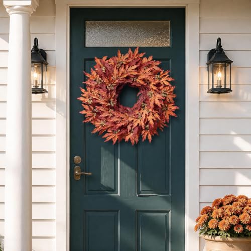 26-Inch Artificial Fall Maple Leaves Wreath for Front Door Decoration
