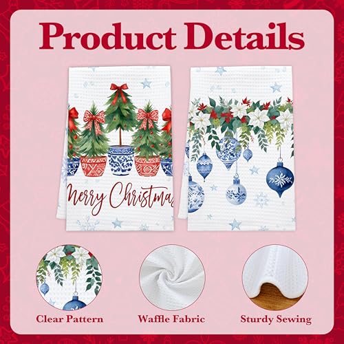 PseuAudo Merry Christmas Holiday Kitchen Towels - Festive Dish & Hand Towels, 2-Pack, 24x15 inches