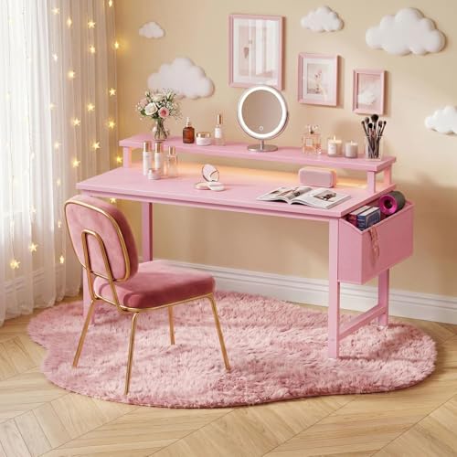 Pink Girls Gaming Desk with LED Lights & Power Outlets - 39.4 Inch Home Office Computer Table with Monitor Stand