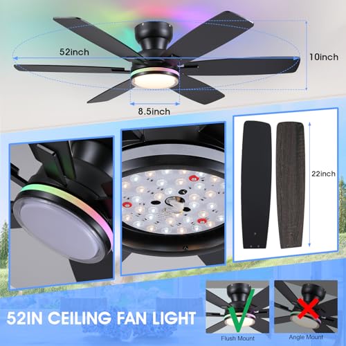 Kviflon 52-Inch Black RGB Ceiling Fan with Remote & APP, 6 Blades, 3CCT Light
