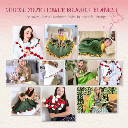 Mixed Pink & White Roses Crochet Flower Blanket - 43 Inch Throw with Bouquet Style Design
