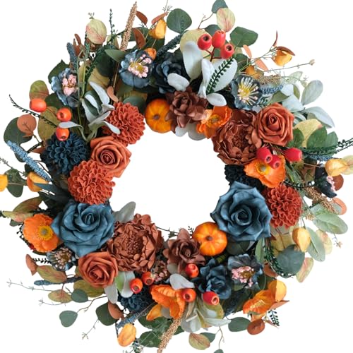 Fall Wreath Handmade Autumn Front Door Decor - Blue, Orange Hydrangeas & Pumpkins - Wreath Variation