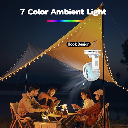Camping Fan with Light and 20000mAh Battery - White, 112Hrs Run Time