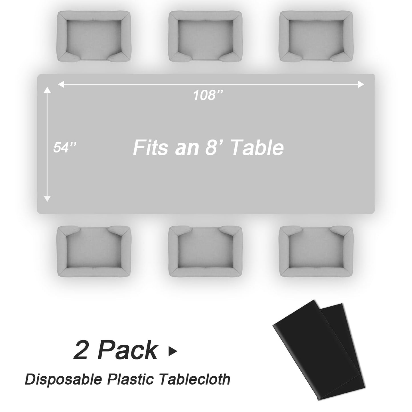 QIKSION Black Plastic Table Cloth Disposable 2 Pack, 54 x 108 Inch Tablecloths for Party, Graduation, Halloween Decorations, Rectangle Table Cover