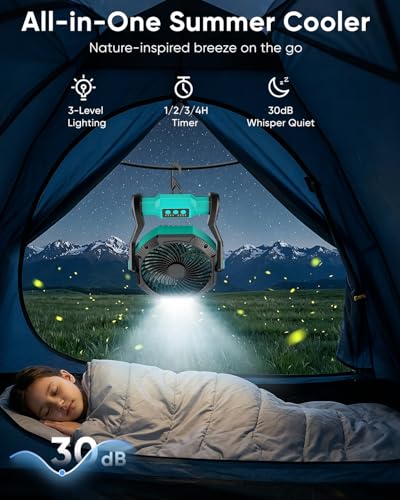 Rechargeable Camping Fan with LED Light & 20000mAh Power Bank - Blue
